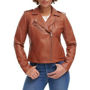 Women's The Classic Faux Leather Moto Jacket Font Full Zipper Camel Brown